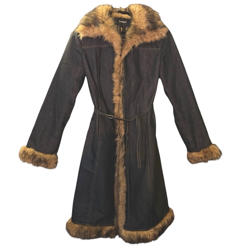Vintage EXPRESS Penny Lane Denim Coat w Faux Fur Trim Juniors 9/10 or Women’s M